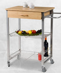Kitchen cart with wooden top, wire shelves, and 4-Inch Table Casters Set Of 4 With Expanding Stem Stainless Steel Locking Non Marring Rubber Wheels