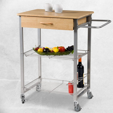Kitchen cart with wooden top, wire shelves, and 4-Inch Table Casters Set Of 4 With Expanding Stem Stainless Steel Locking Non Marring Rubber Wheels