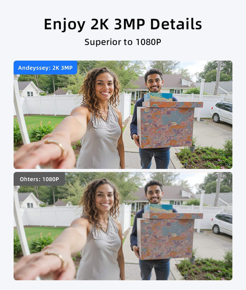 Comparison image showing clarity of 3MP Wireless Video Doorbell With 2K HD Footage No Monthly Fees Battery Powered No Subscription Real Time Motion Alerts Package Detection And Human Detection Works With Alexa And Google Assistant 2 4Ghz WiFi Only versus 1080P footage.