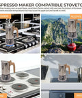 12 Cup Moka Pot Stainless Steel Coffee Maker Stovetop Espresso Coffeemaker 304 Grade Uncoated Finish shown on different stovetops.