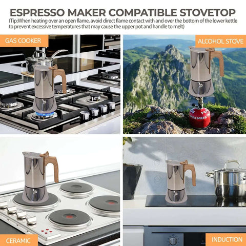 12 Cup Moka Pot Stainless Steel Coffee Maker Stovetop Espresso Coffeemaker 304 Grade Uncoated Finish shown on different stovetops.