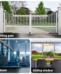 White iron sliding gate, industrial I-beam, and large glass sliding window in nature setting.