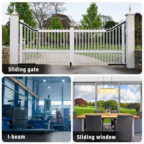 White iron sliding gate, industrial I-beam, and large glass sliding window in nature setting.