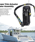 No Fuss Direct Drop In Power Trim Actuator Motor Assembly Straight Swap Upgrade For Mercury Sterndrive Engines with hydraulic lines and cover.