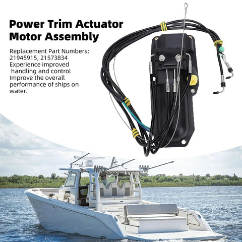 No Fuss Direct Drop In Power Trim Actuator Motor Assembly Straight Swap Upgrade For Mercury Sterndrive Engines with hydraulic lines and cover.