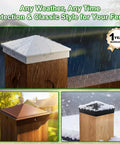 Rock Solid 4x4 Aluminum Post Caps Matte Black Pyramid Fence Covers on wooden posts against rain and snow.
