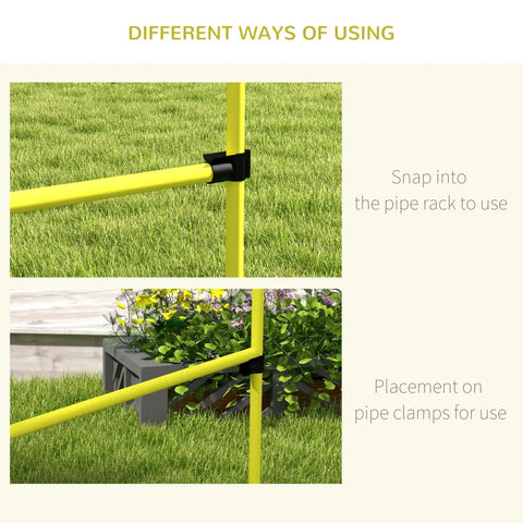 Four Piece Adjustable Dog Agility Jump Set Training Kit with Portable Carry Bag For All Sizes Easy Height Adjustments Park Ready Outdoor Practice Yellow showing pipe rack and clamps in grass.