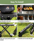 Steps showing how to install a Portable Grill Cart For 17 And 22 Inch Griddles With Foldable Table And Propane Tank Holder
