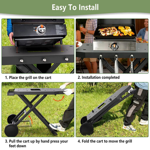 Steps showing how to install a Portable Grill Cart For 17 And 22 Inch Griddles With Foldable Table And Propane Tank Holder