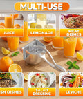 Hand Press Citrus Juicer For Lemons Limes Oranges Aluminum Alloy Ergonomic Handle on counter with orange juice and dishes.