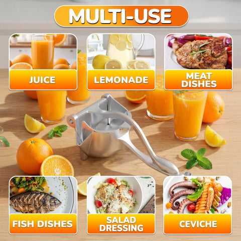 Hand Press Citrus Juicer For Lemons Limes Oranges Aluminum Alloy Ergonomic Handle on counter with orange juice and dishes.