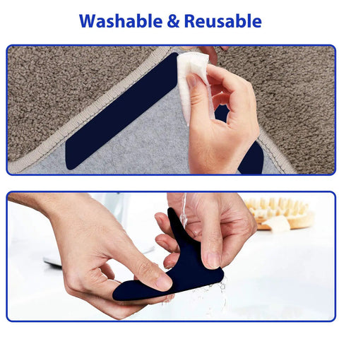 Hands applying 16 Piece Rug Tape Kit Dual Sided Washable Removable Non Slip Adhesive Rug Stopper Keeps Rugs Put In Place On Hardwood Floors