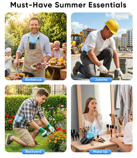 Collage of people using a Portable Waist Fan With 6 Speed Turbo Airflow And 15000 RPM during summer activities.