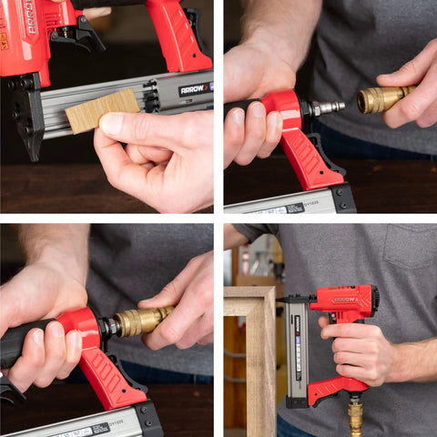 Lightweight 23 Gauge Pin Nailer Oil Free Pneumatic Tool PT23G accepts nails from three eighths to one inch shown in use