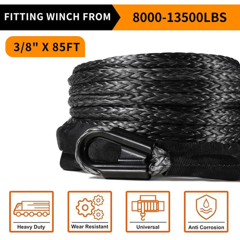 3/8 Inch Dyneema Winch Rope 85 Feet 27,500 Lb Heavy Duty UHMWPE Synthetic Cable With Protective UV Resistant Sleeve