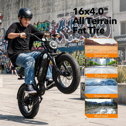 Spark D1 Fat Tire Electric Bike For Teens And Adults, 1500W Peak Motor, 48V 10.4Ah Battery, 16 Inch eBike With 20 Plus MPH Top Speed, Easy City Cruising And Trail Riding, Black on graffiti wall