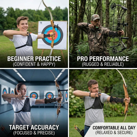 Archers using Ultra Breathable Archery Arm Guard For Compound And Recurve Bow With Two Or Three Adjustable Elastic Straps outdoors and indoors