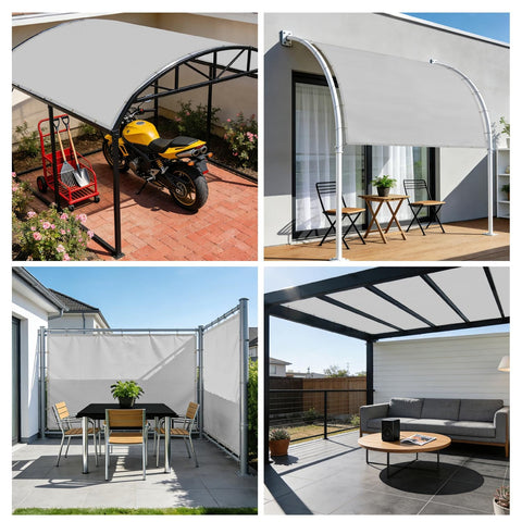 Collage of 7 By 11 Ft Waterproof Sun Shade Sail With Grommets UV Blocking Breathable Rectangle Canopy in backyard settings