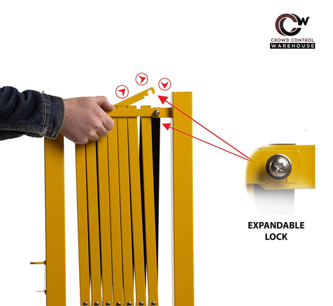 Close-up of Heavy Duty Expandable Metal Barricade lock mechanism, showing expandable features for quick setup.