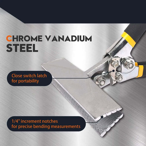 Close-up of 6 Inch Hand Seamer for Sheet Metal with One Quarter Inch Depth Markings, showing chrome vanadium steel jaws and cushion handle.