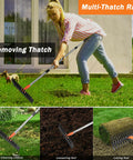 Heavy Duty Thatch Rake For Lawn Dethatching, Adjustable Rake For Grass And Soil Debris shown in use on lawn