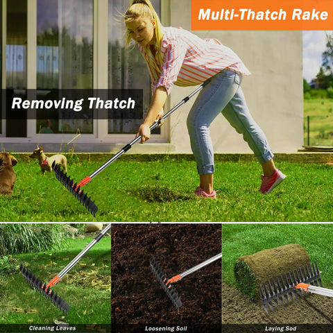 Heavy Duty Thatch Rake For Lawn Dethatching, Adjustable Rake For Grass And Soil Debris shown in use on lawn