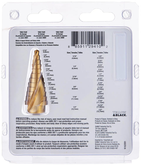 Packaged Step Drill Bit Set For Metal And Wood, 3 Piece Titanium Nitride Coated, 31 Hole Sizes, Hex Shank, Dewalt DWA1790IR