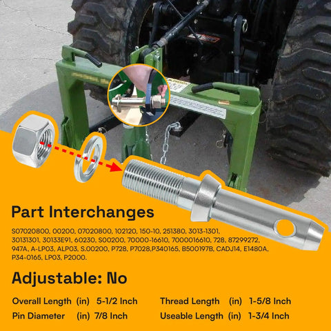 Cat 1 Draw Pin Hitch Pin Set For Tractors - close-up of pin with specifications and tractor attachment detail
