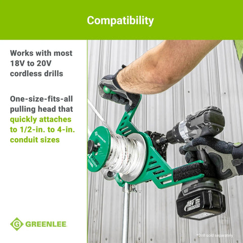 Greenlee G1 Versi-Tugger Handheld Cable Puller with drill attachment, pulling head for 1/2-in to 4-in conduit sizes.