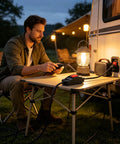 Man using 10 Foot Heavy Duty 3 Prong Extension Cord With Built In Toggle Switch And 14 Awg Copper Wire Rated 15 Amps for camping lighting.