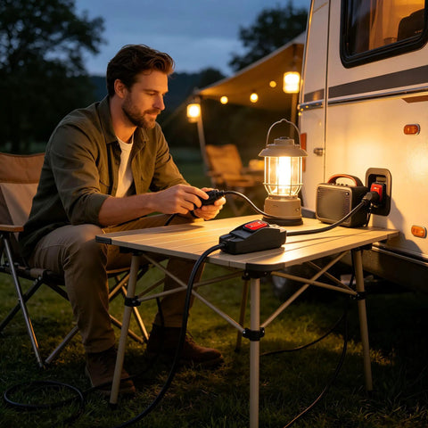 Man using 10 Foot Heavy Duty 3 Prong Extension Cord With Built In Toggle Switch And 14 Awg Copper Wire Rated 15 Amps for camping lighting.