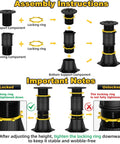 Assembly instructions for Heavy Duty Adjustable Bed Support Legs showing components and locking mechanism for stability.