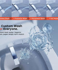 Sleek Sensor Activated Smart Toilet With Built In Bidet Pump And Self Cleaning Deodorizer Featuring Heated Seat And Smooth Flushing Action Straight Up Perfect For Low Water Pressure Modern Bathrooms showing various water spray options for custom cleaning.
