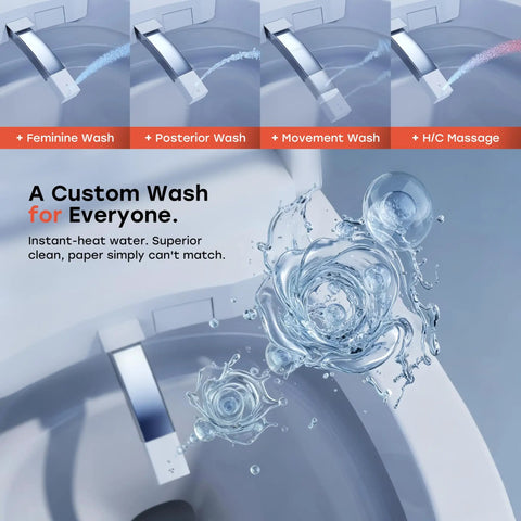 Sleek Sensor Activated Smart Toilet With Built In Bidet Pump And Self Cleaning Deodorizer Featuring Heated Seat And Smooth Flushing Action Straight Up Perfect For Low Water Pressure Modern Bathrooms showing various water spray options for custom cleaning.