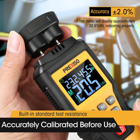 Close-up view of 7 In 1 Digital Wood Moisture Meter For Firewood And Woodworking Pin Type Tester held in hand, displaying readings.