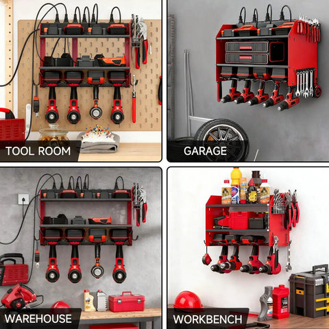 Wall Mounted Power Tool Organizer With Charging Station Heavy Duty 3 Layer Tool Storage Rack for garages and workshops.