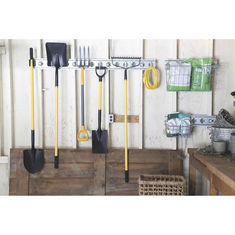 Heavy Duty Dual Arm Tool Hook for E Track and X Track stores long handled tools like brooms and rakes, wall mounted
