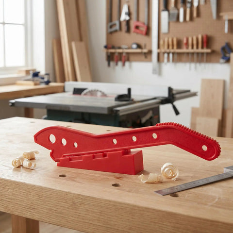 Heckuva Woodworking Push Stick With Safety Block For Table Saw Router Or Band Saw Shop Gear featuring red ABS polymer design on workbench.