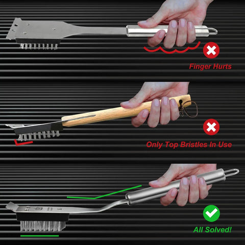 Comparing three grill brushes highlighting the benefits of Grill Brush And Scraper With 16.5 Inch Stainless Steel Bristles For Outdoor Grills.
