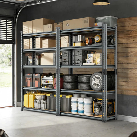 Beefy 5-Tier Heavy Duty Garage Storage Shelving Unit With Extra Wide 46 In W By 20 In D By 72 In H Boltless Steel Rack Holds Up To 3000 Lbs Total Perfect For Garage Workshop Basement Or Warehouse Organization in garage with tires, bins, and boxes