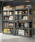 Extra Wide Heavy Duty Garage Shelving 3000 LB 5 Tier Metal Storage Rack No Headache Assembly with various tools and bins organized.