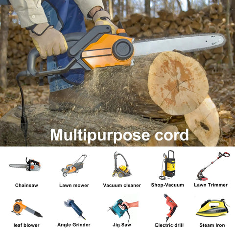Person using chainsaw with 50 Ft Heavy Duty Outdoor Indoor Extension Cord 16 Gauge SJTW Waterproof 3 Prong Grounded