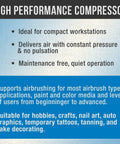 Text about high performance compressor benefits for Quiet One Eighth Horsepower Airbrush Compressor With Small Tank Regulator Inline Moisture Filter And Six Foot Braided Hose 47 DB Noise Portable High Performance Unit For Airbrush Hobbies And Crafts.