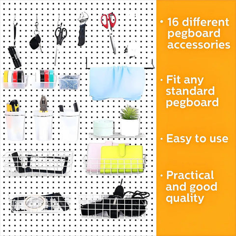 Versatile 95-Piece Pegboard Accessories Kit For Garage And Workshop With Hooks Cups Storage Baskets Wire Shelf Tissue Box Holders