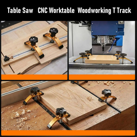 Heavy Duty T Track Press Plate Clamps With Extended 5 Inch Body securing thick wood pieces on a CNC router worktable.