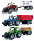 Friction Powered Farm Tractor Trailer Toy Set 16 Inch Three Pack For Kids With Red Water Tank Blue Farm Tractor And Green Log Truck