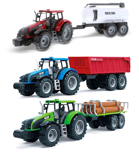 Friction Powered Farm Tractor Trailer Toy Set 16 Inch Three Pack For Kids With Red Water Tank Blue Farm Tractor And Green Log Truck