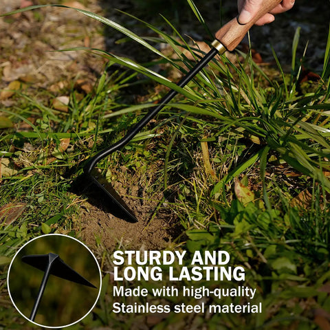 Triangle Hand Hoe For Weeding And Cultivating, Heavy Duty Stainless Steel Weed Puller With Walnut Handle digging soil in garden