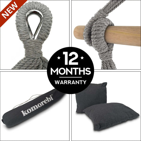 Details of Grey Macrame Hammock Chair With Cushions For Indoor And Outdoor Use, including rope, cushion, and carry bag.