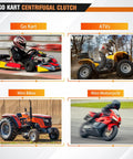 Collage of vehicles including go kart, ATV, mini bike, and mini motorcycle related to Go Kart Clutch Ten Tooth Centrifugal Clutch.